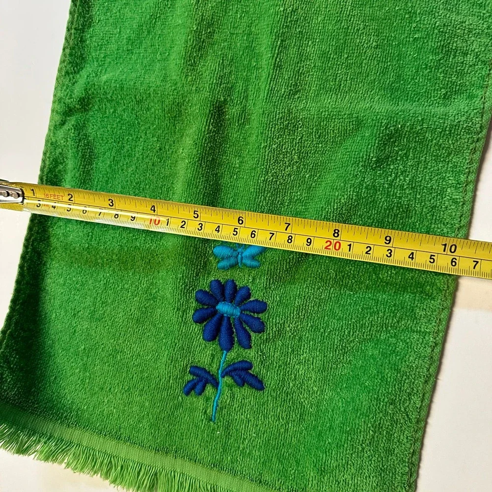 Vtg Retro Hand Towel Velour / Terry Cloth Sides Green Blue Floral Butterfly